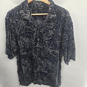 Izod Golf Navy Hawaiian Washable Silk Rayon Button Down Shirt Large